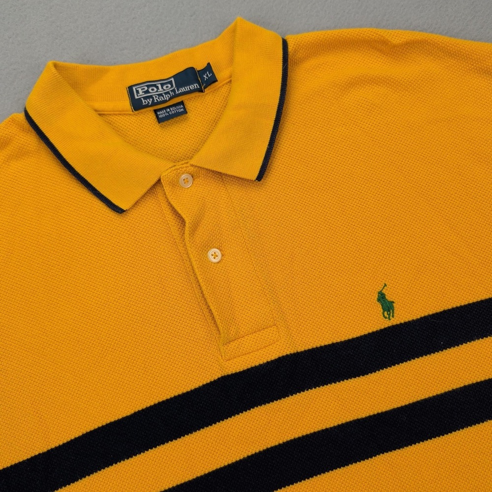 Polo Ralph Lauren Polo Shirt Mens XL Yellow Navy Stripe‎ Green Pony Pique Knit